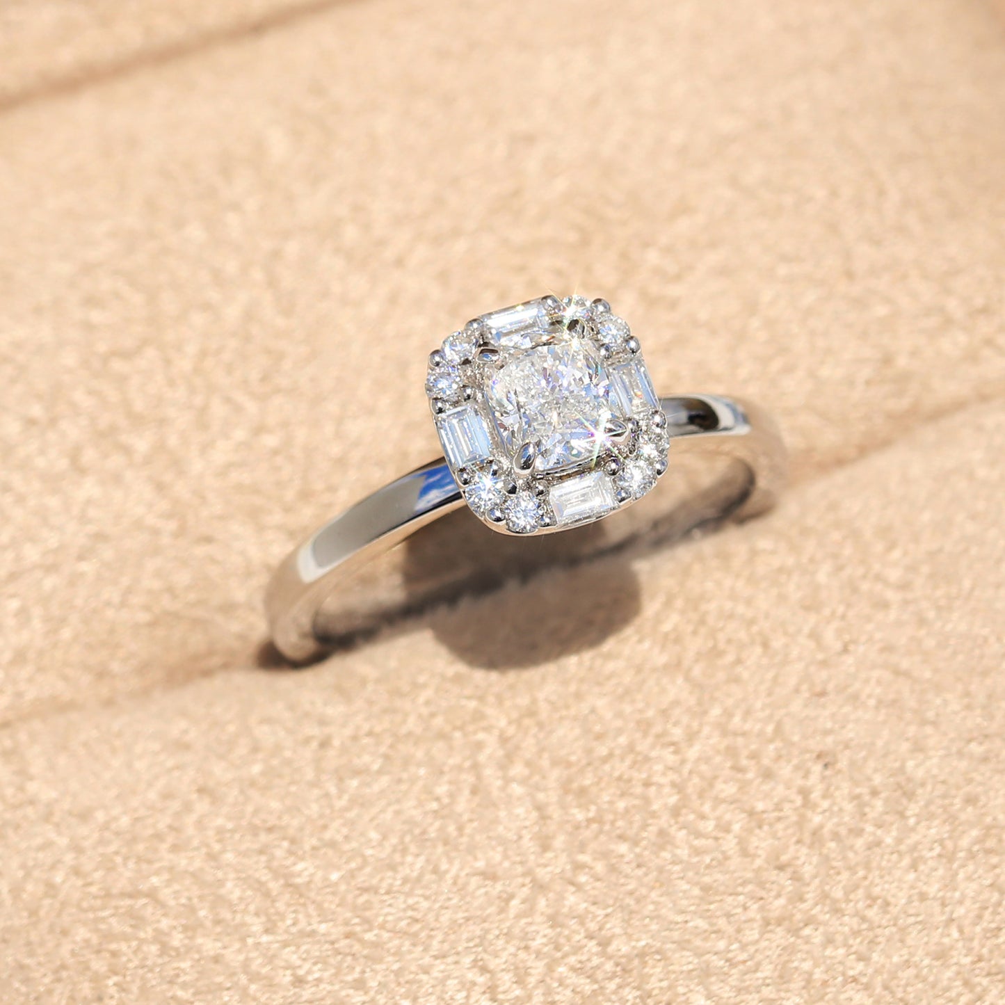 10K Gold Lab Grown Diamond CVD 1CT Cushion-Cut Halo Baguette Diamond Accents Engagement Ring