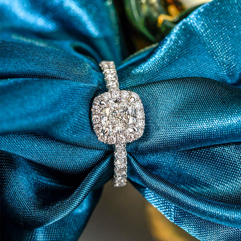 14K Gold Lab Grown Diamond CVD 1CT Cushion-Cut Halo Pave Engagement Ring