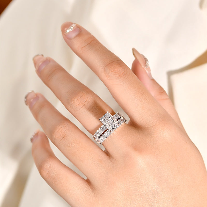 14K Gold Lab Grown Diamond CVD 2CT Radiant-Cut Hidden Halo Triple Pave Band Set