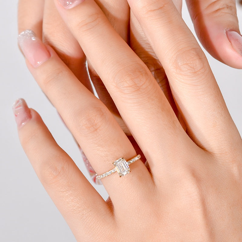 10K Gold Lab Grown Diamond CVD 1CT Emerald-Cut Hidden Halo Pave Band Anniversary Ring
