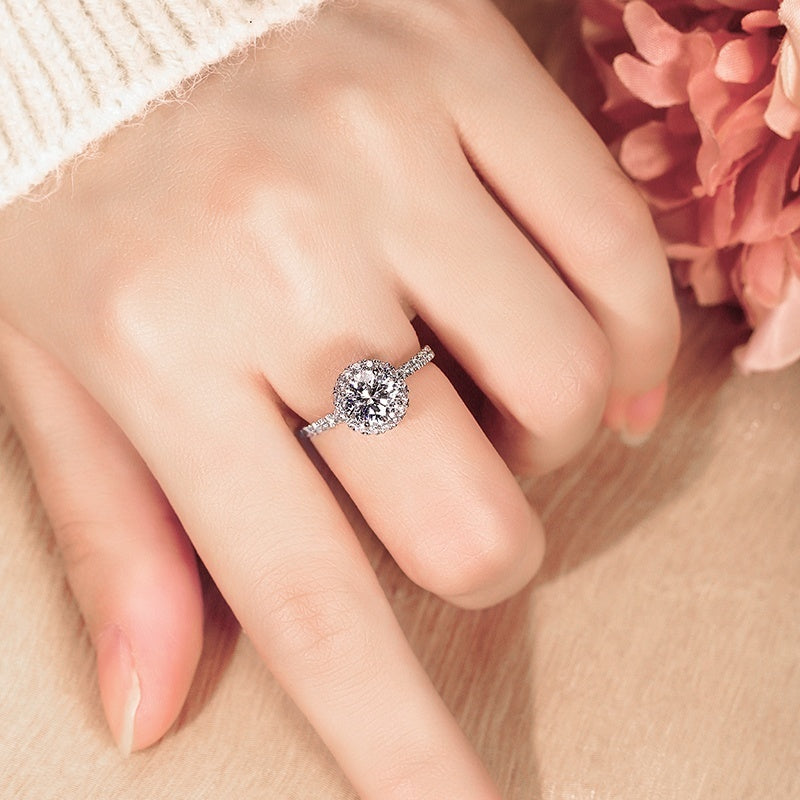 10K Gold Lab Grown Diamond CVD 1CT Round-Cut Halo Pave Band Engagement Ring