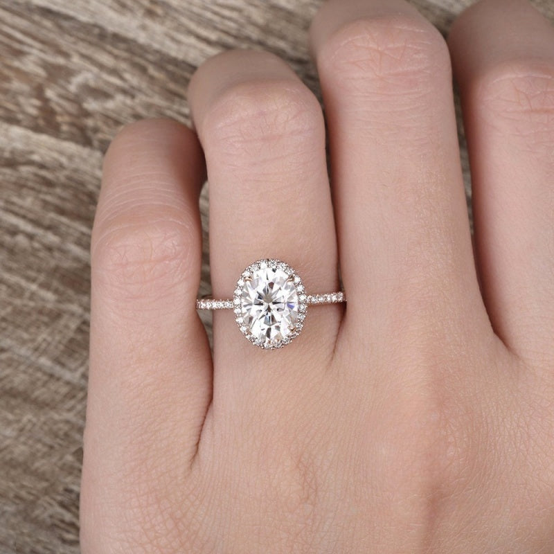 10K Gold Lab Grown Diamond CVD 2CT Oval-Cut Unique Hidden Halo Engagement Ring