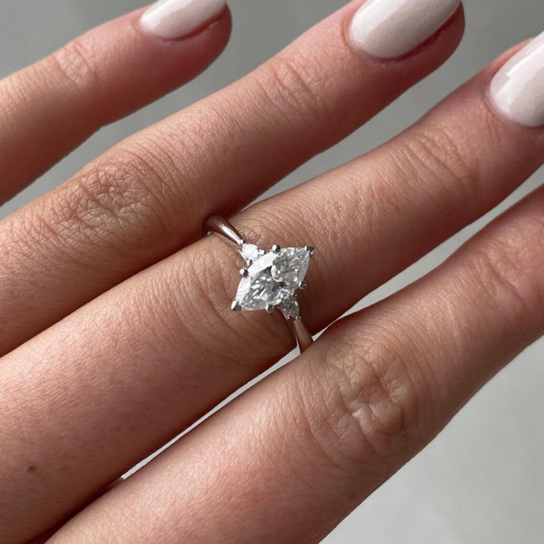 14K Gold Lab Grown Diamond CVD 2CT Marquise-Cut Three Stone Engagement Ring Gift For Her
