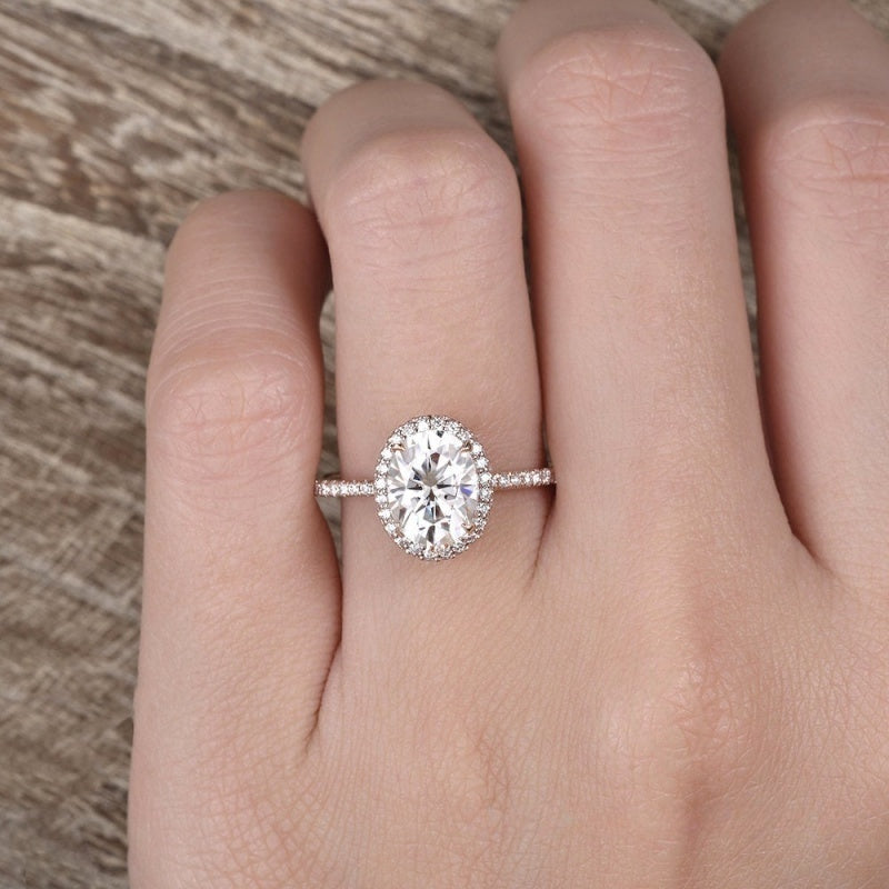 14K Gold Lab Grown Diamond CVD 1CT Oval-Cut Hidden Halo Paved Band Engagement Ring