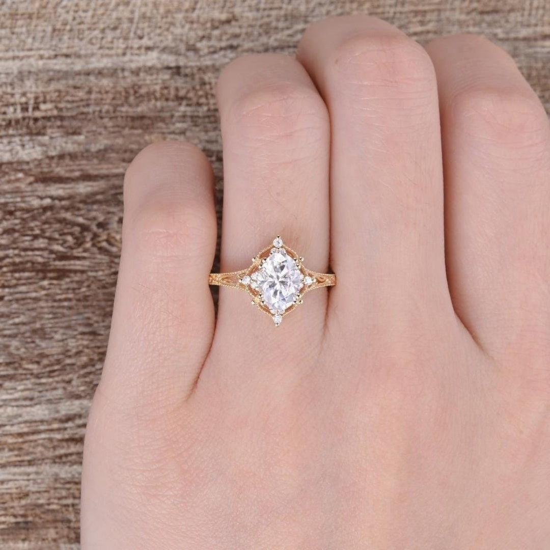 18K Gold Lab Grown Diamond CVD 3CT Oval-Cut Women Floral Vine Art Deco Anniversary Ring