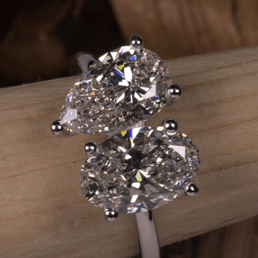 14K Gold Lab Grown Diamond CVD 4CT Ovla and Pear-Cut Toi et Moi Anniversary Ring Valentine’s Gift