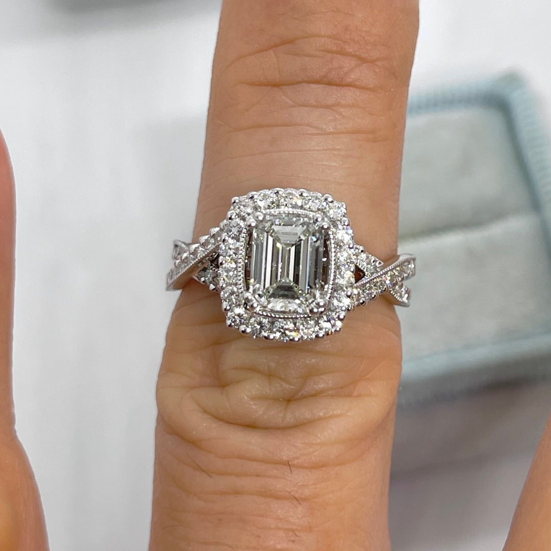 10K Gold Lab Grown Diamond CVD 1.5CT Emerald-Cut Halo Engagement Ring Art Deco Antique Design