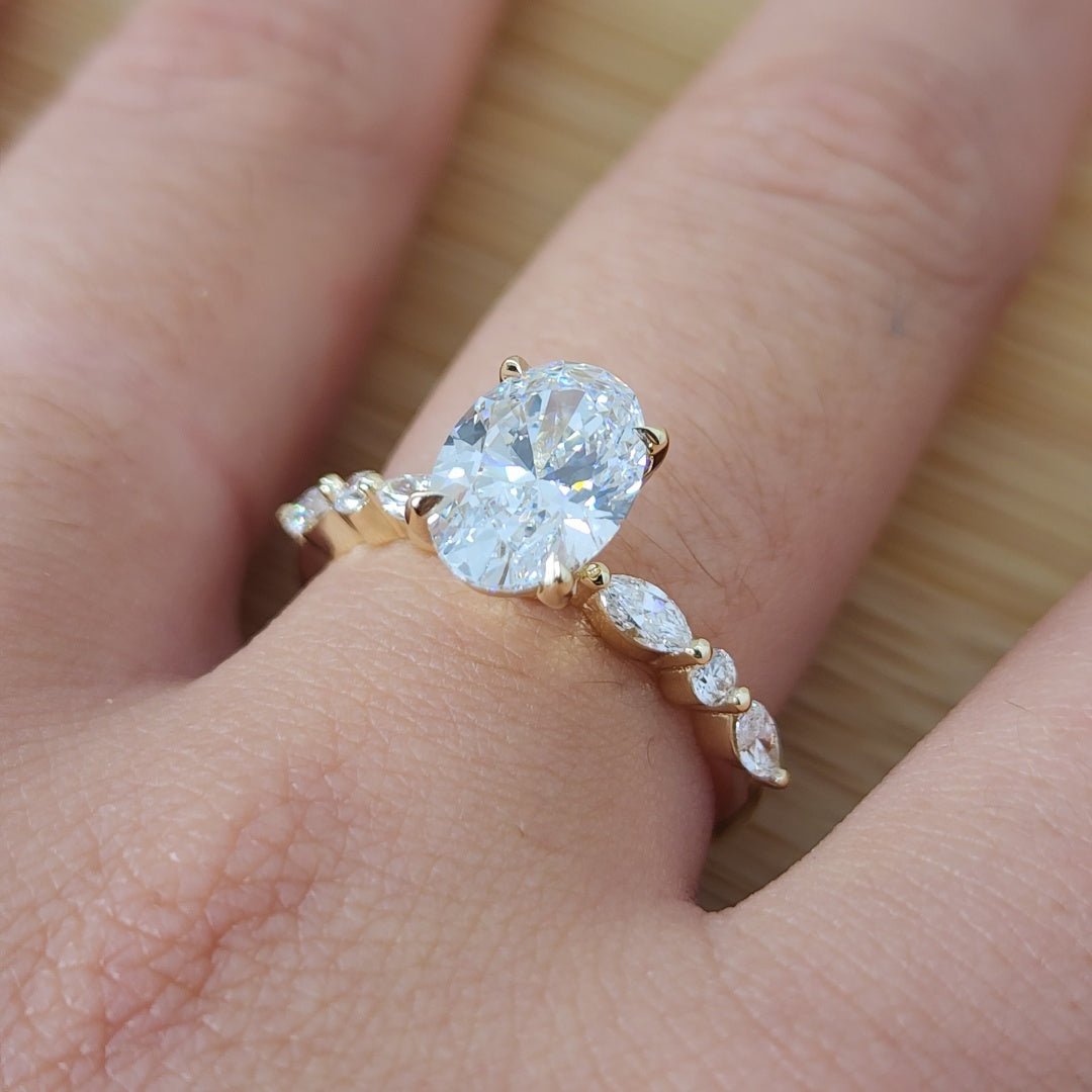 14K Gold Lab Grown Diamond CVD 2CT Oval-Cut Marquise Side Stones Engagement Ring