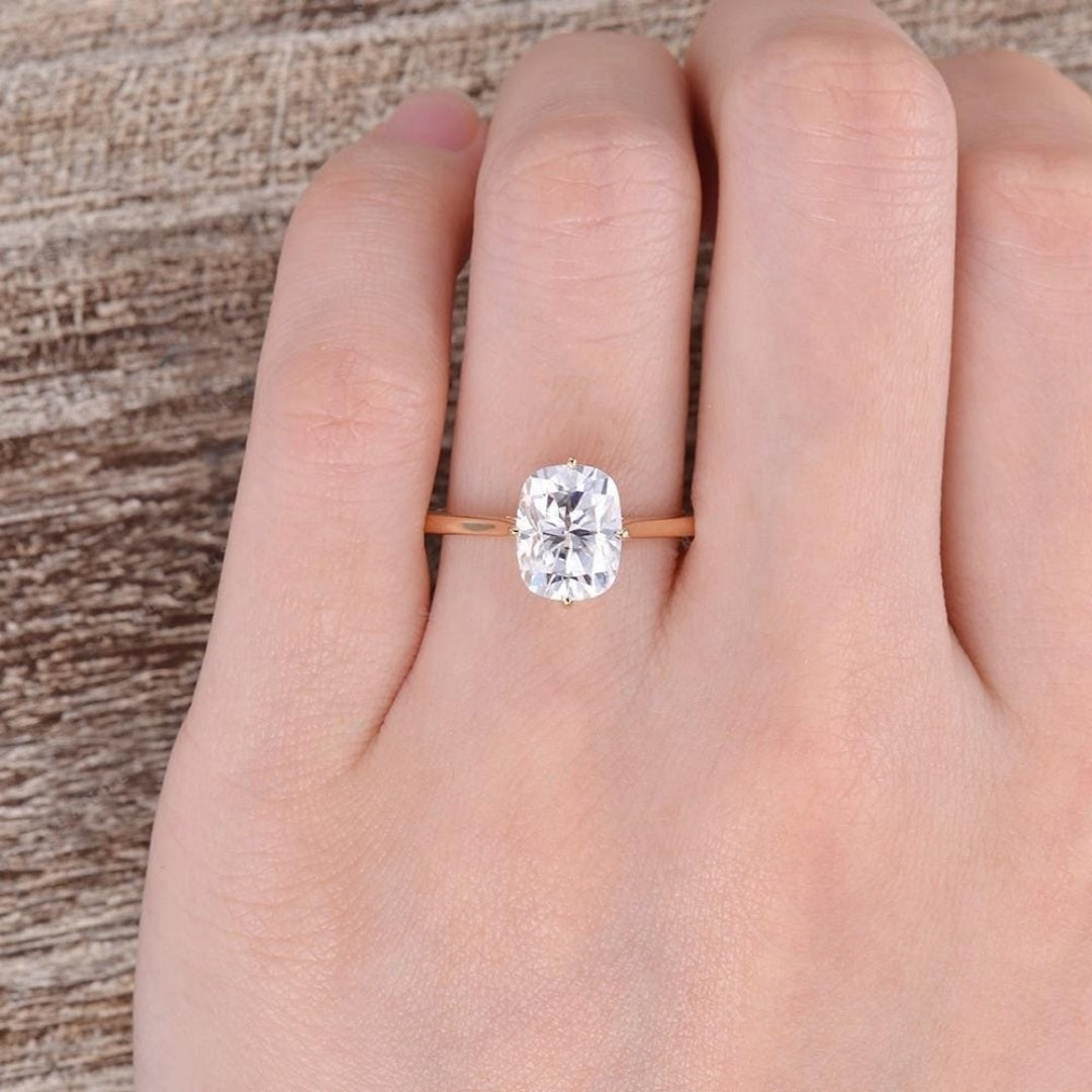10K Gold Lab Grown Diamond 3CT Elongated Cushion Hiddden Halo Simple Wedding Ring