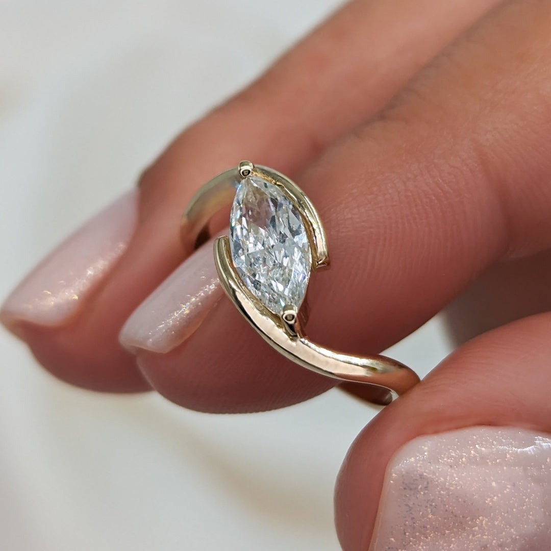 10K Gold Lab Grown Diamond CVD Marquise-Cut Unique Design Asymmetrical Ring