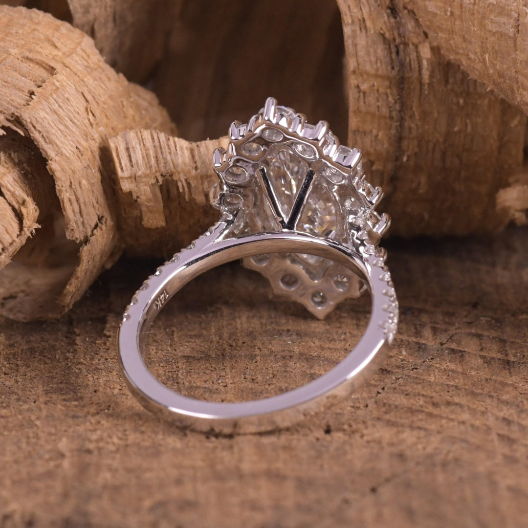 14K Gold Lab Grown Diamond CVD 2CT Marquise-Cut Round Halo Vintage Ring Royal Style