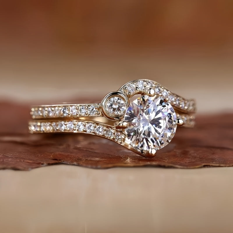 10K Gold Lab Grown Diamond CVD 1CT Round-Cut Half Eternity Curved Wedding Ring Set