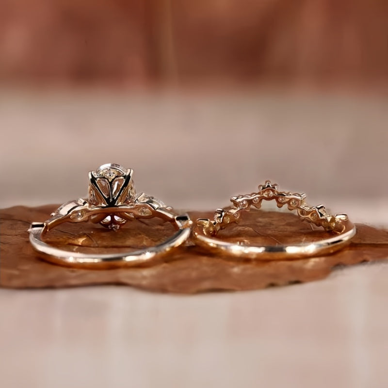 10K Gold Lab Grown Diamond CVD 2CT Oval-Cut Art Deco Bridal Vintage Ring Set