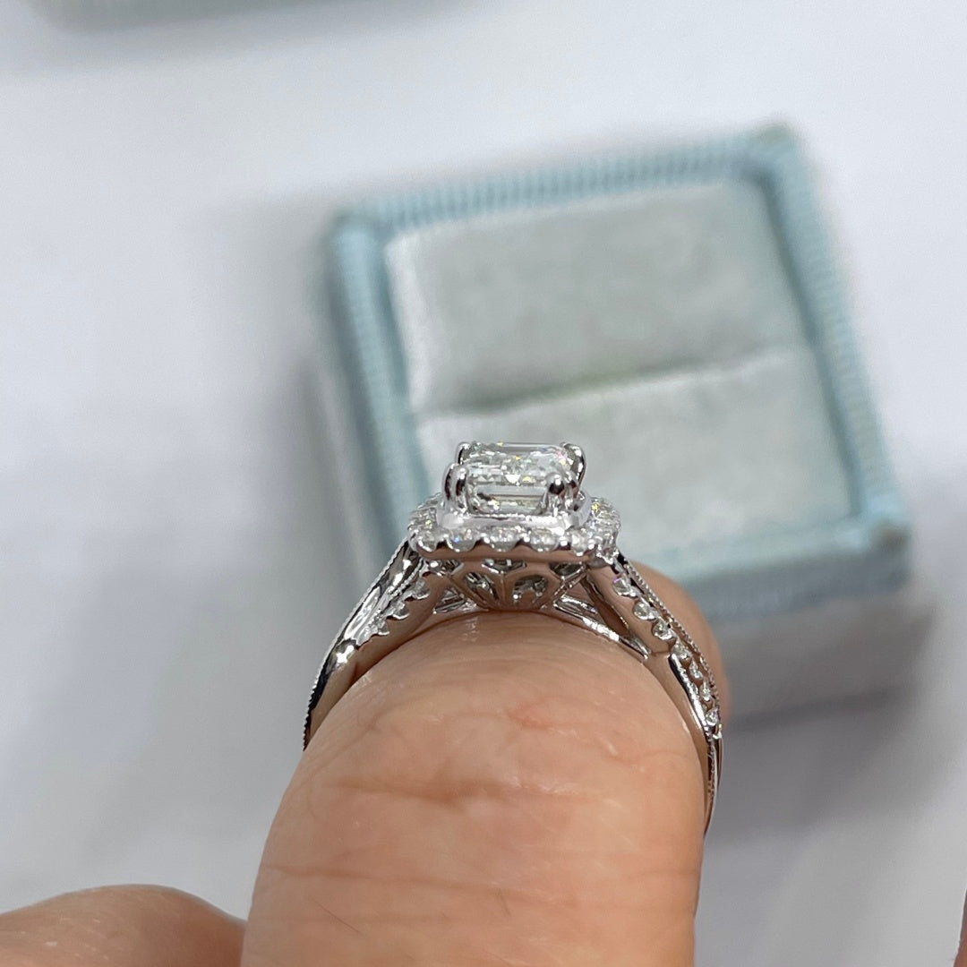 14K Gold Lab Grown Diamond CVD 3CT Emerald-Cut Art Deco Antique Halo Engagement Ring