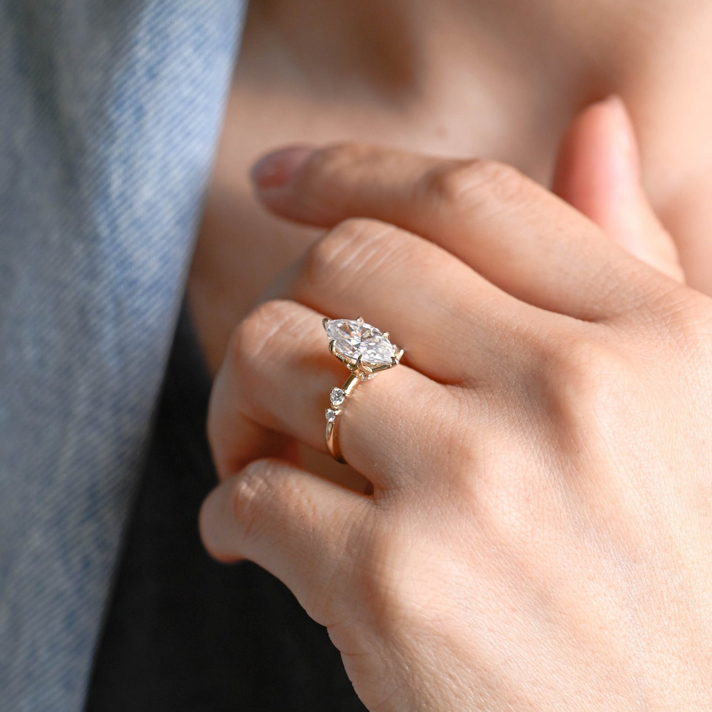 10K Gold Lab Grown Diamond CVD 2CT Marquise-Cut Hidden Halo Anniversary Ring