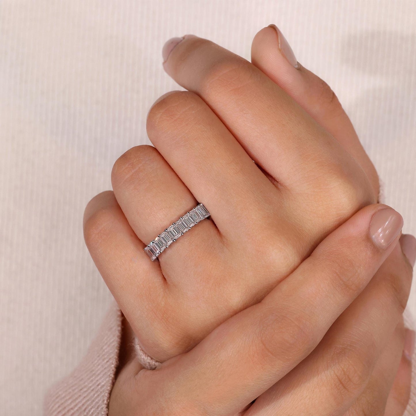 10K Gold Lab Grown Diamond CVD 2CT Emerald-Cut Shared Prong Half Eternity Ring