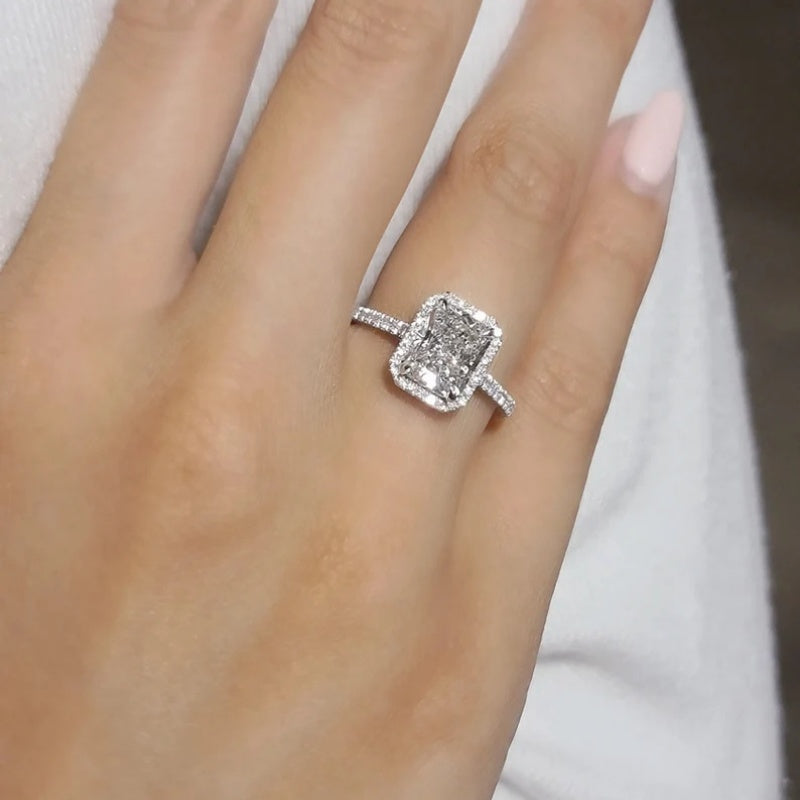 10K Gold Lab Grown Diamond CVD 2.5CT Radiant-Cut Halo and Pave Engagement Ring