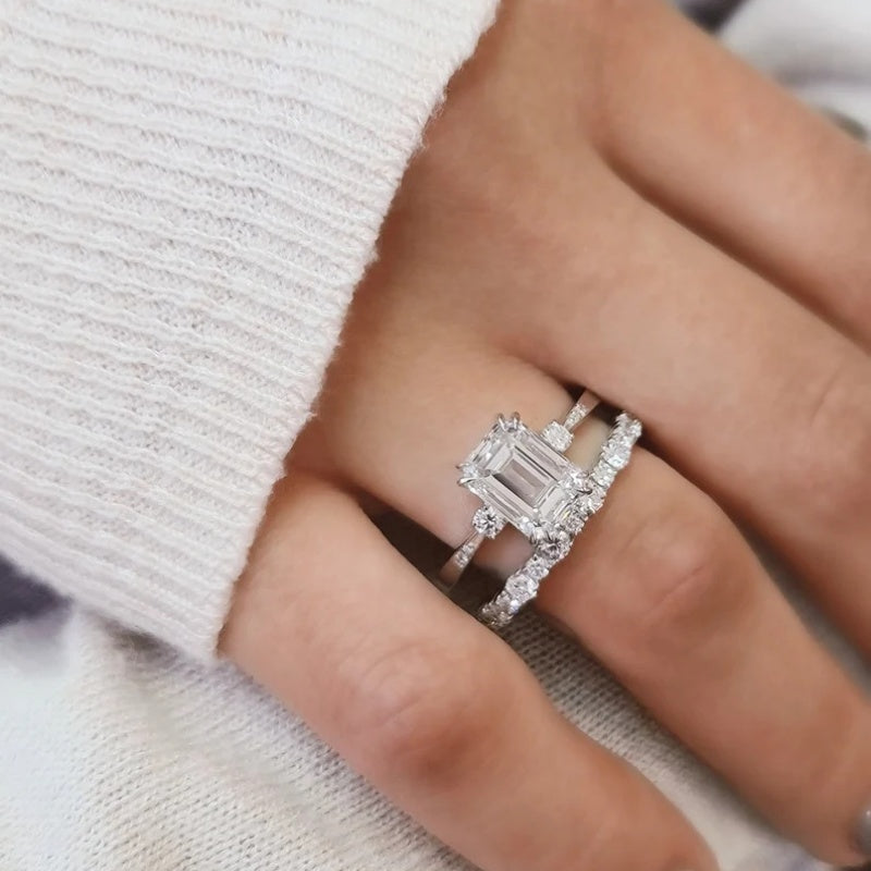 14K Gold Lab Grown Diamond CVD 2CT Emerald-Cut Couple Promise Ring Set