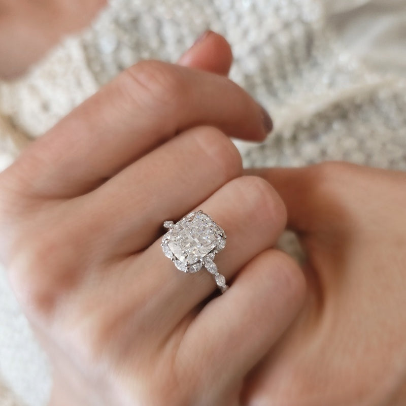 10K Gold Lab Grown Diamond CVD 3CT Cushion-Cut Side Stone Marquise Halo Engagement Ring