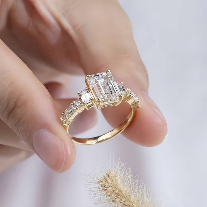 14K Gold Lab Grown Diamond CVD 2CT Emerald-Cut Vintage Art Deco Engagement Ring