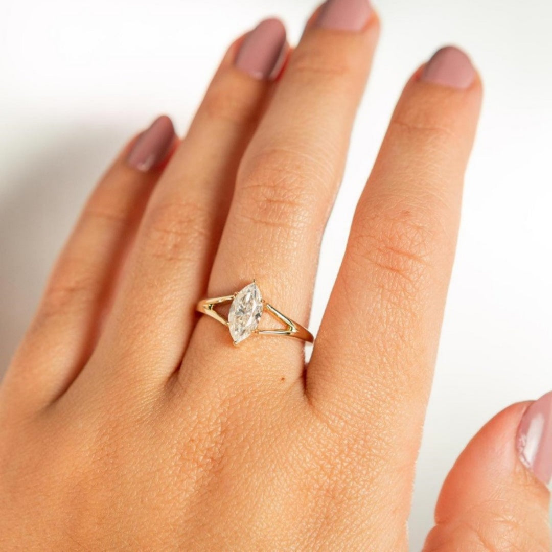 10K Gold Lab Grown Diamond CVD 1CT Marquise-Cut V-shaped Unique Engagement Ring