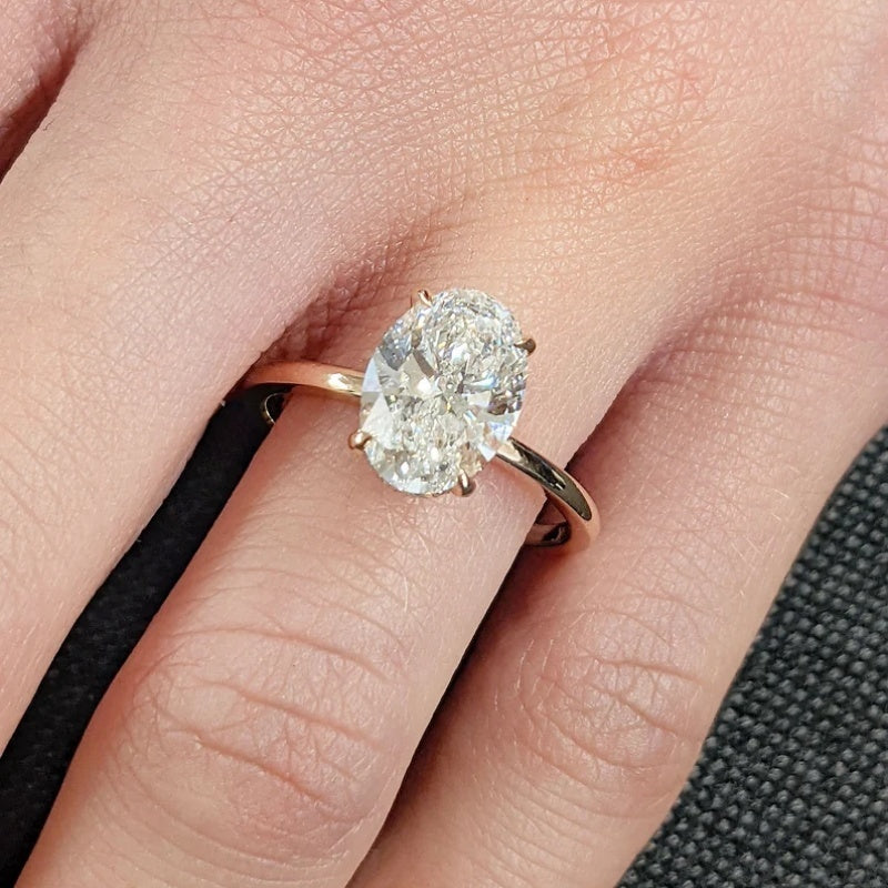 14K Gold Lab Grown Diamond CVD 3CT Oval-Cut Hidden Halo Four Prong Anniversary Ring