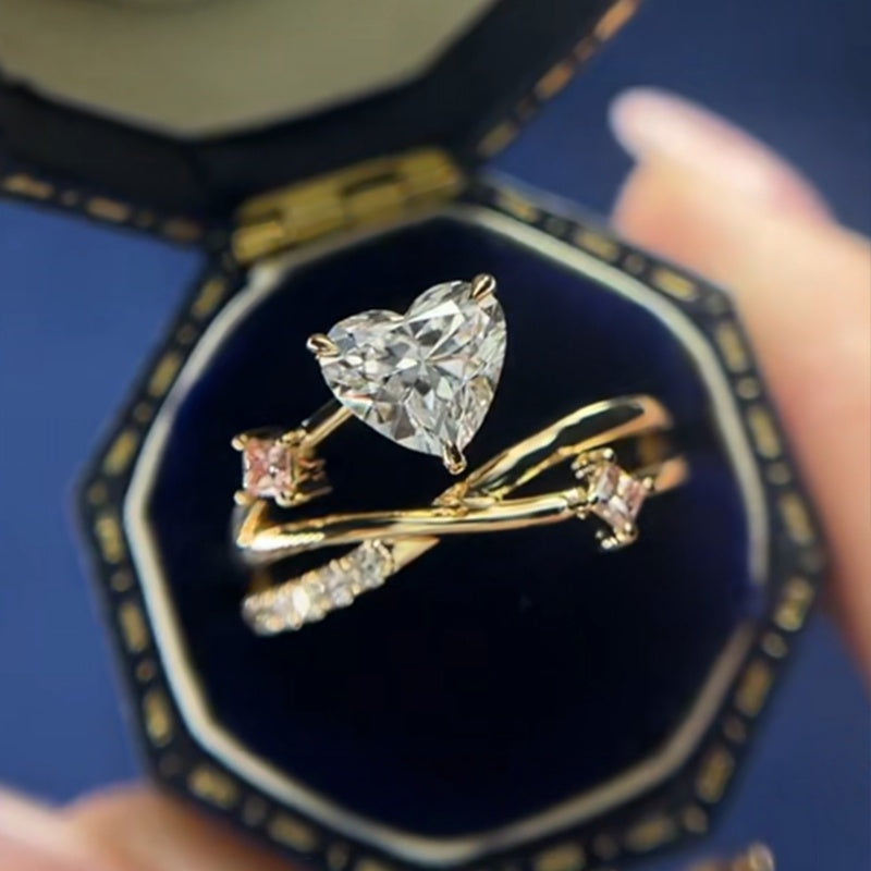 14K Gold Lab Grown Diamond CVD 1CT Heart-Cut Elegant Open Bypass Engagement Ring