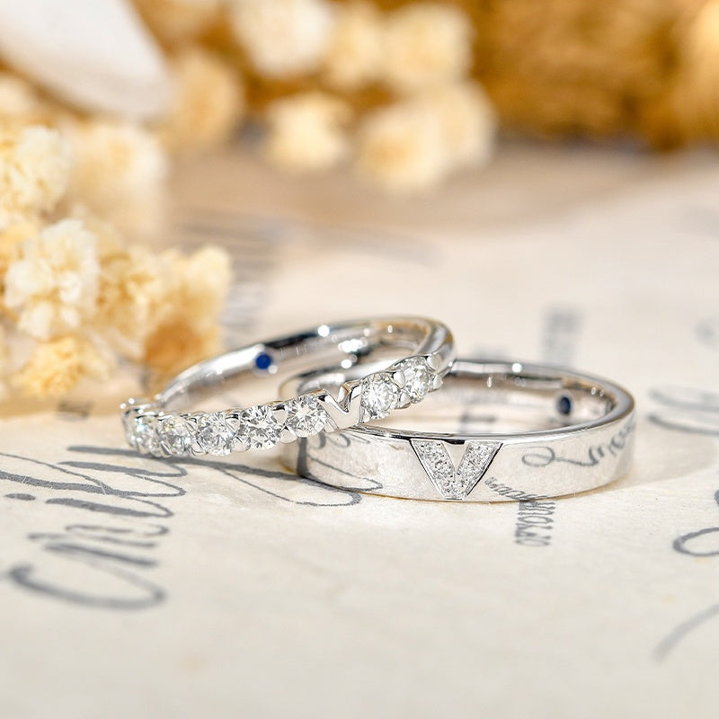 14K Gold Lab Grown Diamond CVD 0.5CT Round-Cut V-Shaped Couple Rings For Anniversary