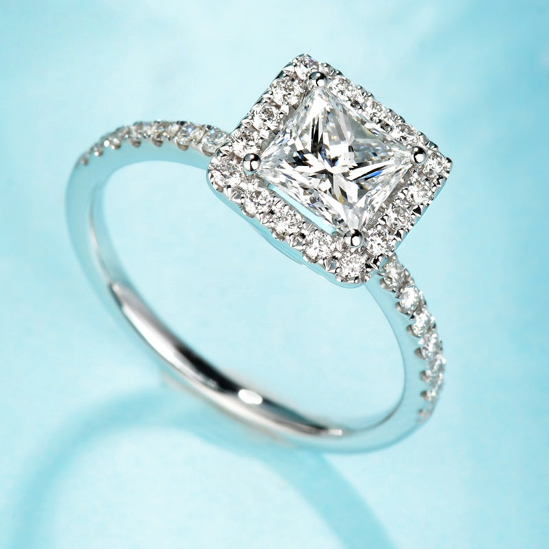 10K Gold Lab Grown Diamond CVD 2CT Princess-Cut Halo Pave Engagement Ring