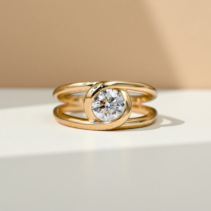 10K Gold Lab Grown Diamond CVD 1CT Round-Cut Bezel-Inspired Setting Open Double-Band Anniversary Gift
