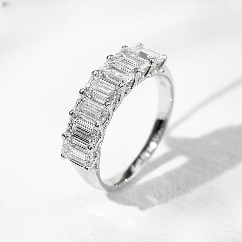 14K Gold Lab Grown Diamond CVD 3CT Emerald-Cut Seven Stone Pave Band Engagement Ring