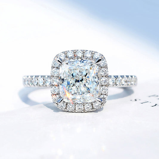 10K Gold Lab Grown Diamond CVD 1CT Cushion-Cut Halo Pave Engagement Ring