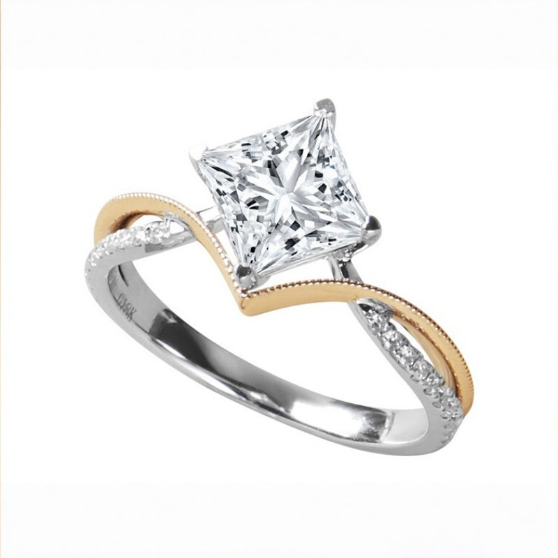 14K Gold Lab Grown Diamond 2CT Princess-Cut Cross Twist Two Tone Engagement Ring
