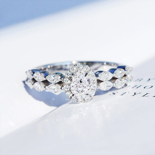 14K Gold Lab Grown Diamond CVD 1CT Oval-Cut Halo Marquise Band Engagement Ring