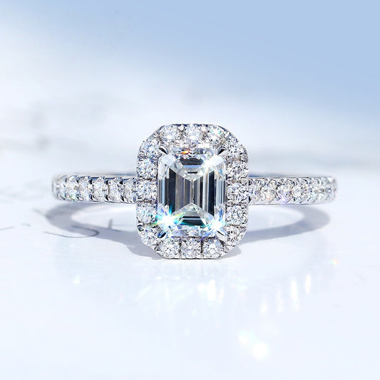 10K Gold Lab Grown Diamond CVD 1CT Emerald-Cut Halo Pave Engagement Ring