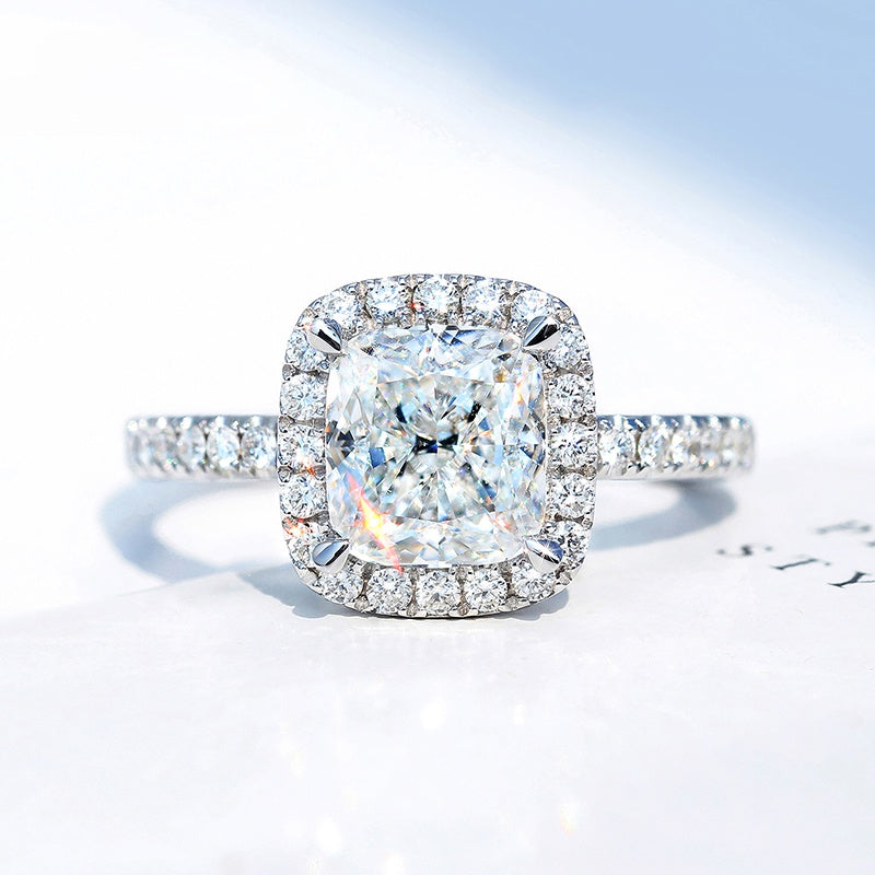 10K Gold Lab Grown Diamond CVD 1.5CT Cushion-Cut Halo Pave Band Engagement Ring