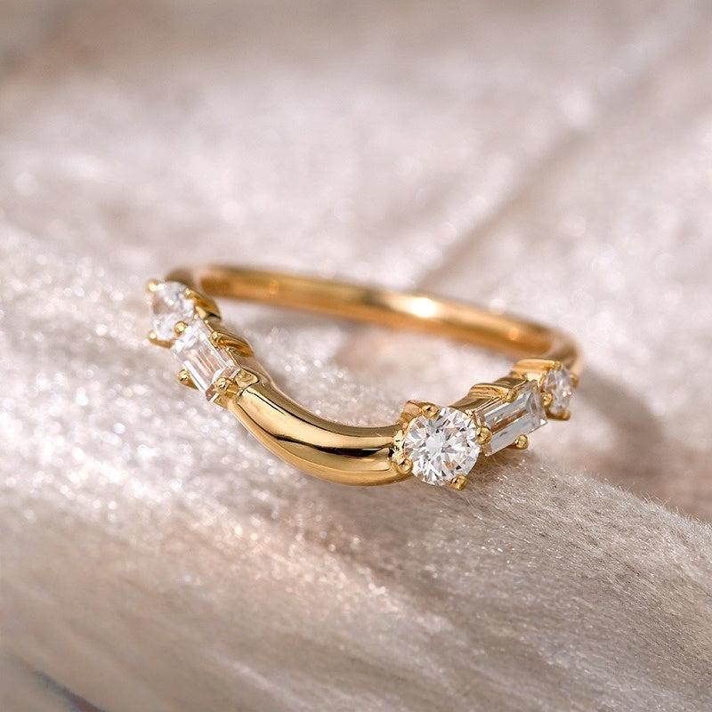 14K Gold Lab Grown Diamond CVD Elegant V-shaped Curved Round and Baguette-Cut Anniversary Ring