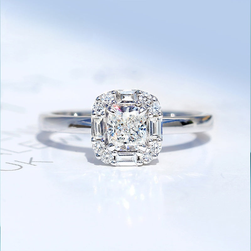 10K Gold Lab Grown Diamond CVD 1CT Cushion-Cut Halo Baguette Diamond Accents Engagement Ring