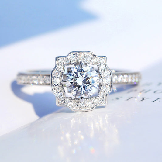 10K Gold Lab Grown Diamond CVD 1CT Round-Cut Floral Halo Romantic Ring For Anniversary Gift