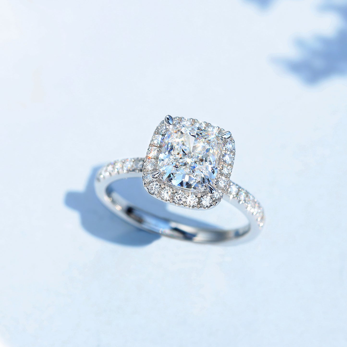 10K Gold Lab Grown Diamond CVD 1.5CT Cushion-Cut Halo Pave Band Engagement Ring