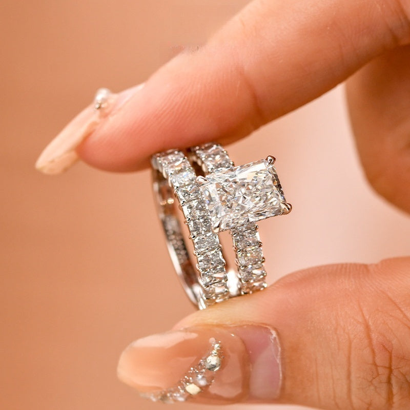 18k White Gold Lab Grown Diamond CVD 3CT Crushed Ice Radiant-Cut Ring Set