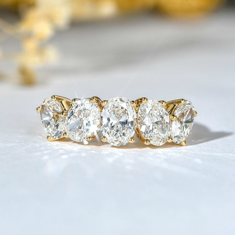 18k Gold Lab Grown Diamond CVD 5 Oval Stones Irregular Sorting Ring