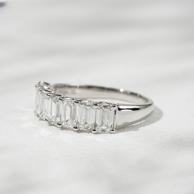 14K Gold Lab Grown Diamond CVD 3CT Emerald-Cut Seven Stone Pave Band Engagement Ring