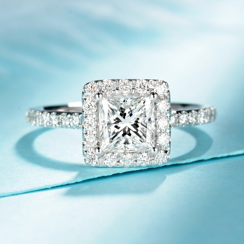 10K Gold Lab Grown Diamond CVD 2CT Princess-Cut Halo Pave Engagement Ring