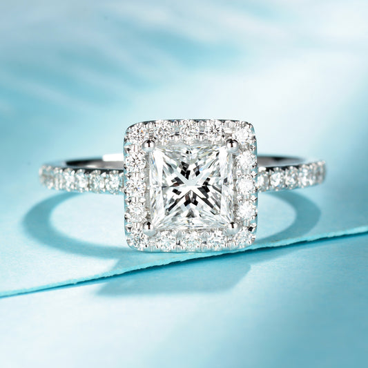 10K Gold Lab Grown Diamond CVD 2CT Princess-Cut Halo Pave Engagement Ring