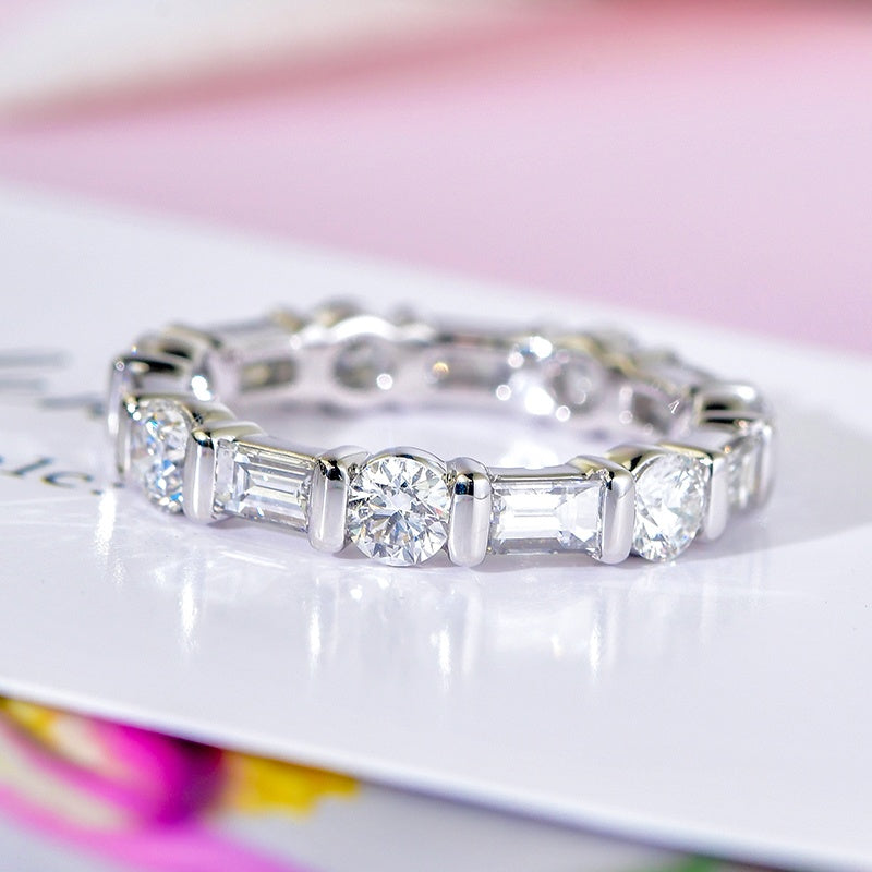 10K Gold Lab Grown Diamond CVD Round&Emerald Cut Etrenity Art Deco Promise Ring