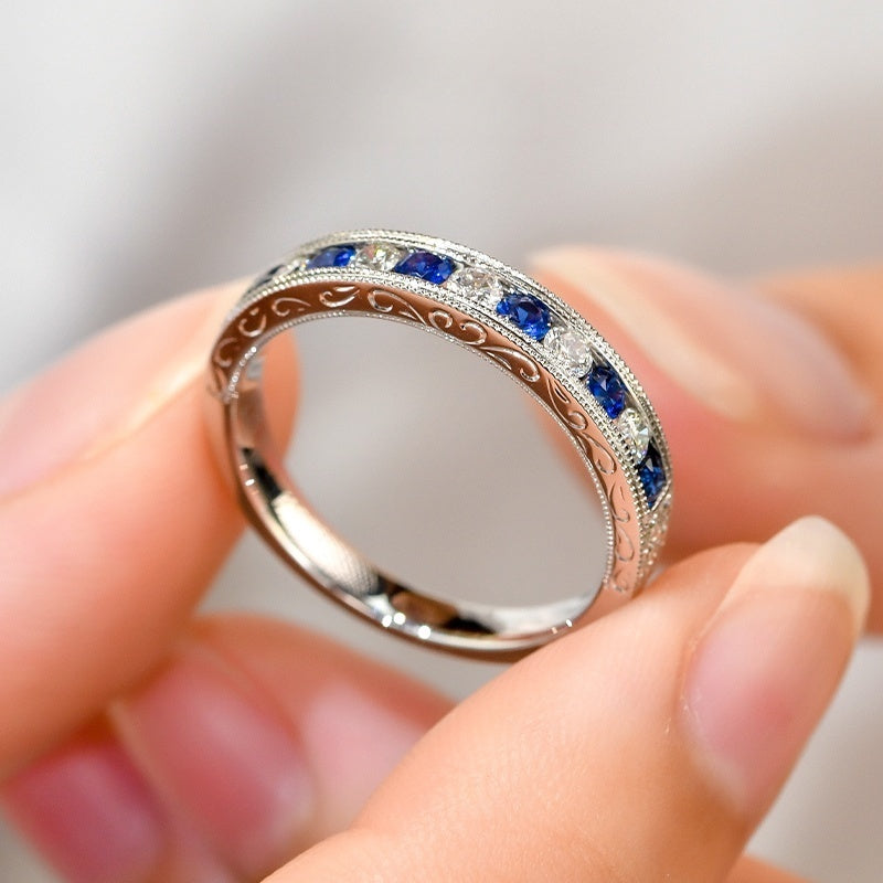 14K Gold Lab Grown Diamond CVD 0.5CT Round-Cut Sapphire and CVD Alternating Milgrain Ring