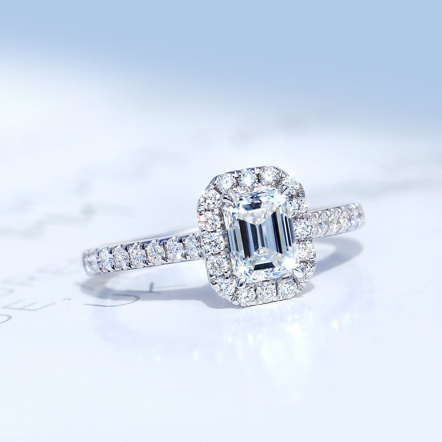 10K Gold Lab Grown Diamond CVD 1CT Emerald-Cut Halo Pave Engagement Ring