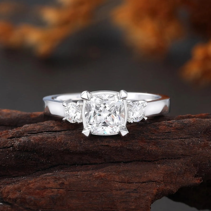 14K Gold Lab Grown Diamond CVD 2.5CT Cushion-Cut Unique Three Stone Anniversary Ring