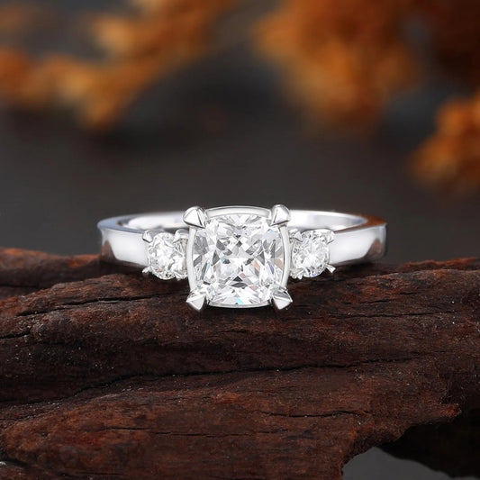 14K Gold Lab Grown Diamond CVD 2.5CT Cushion-Cut Unique Three Stone Anniversary Ring